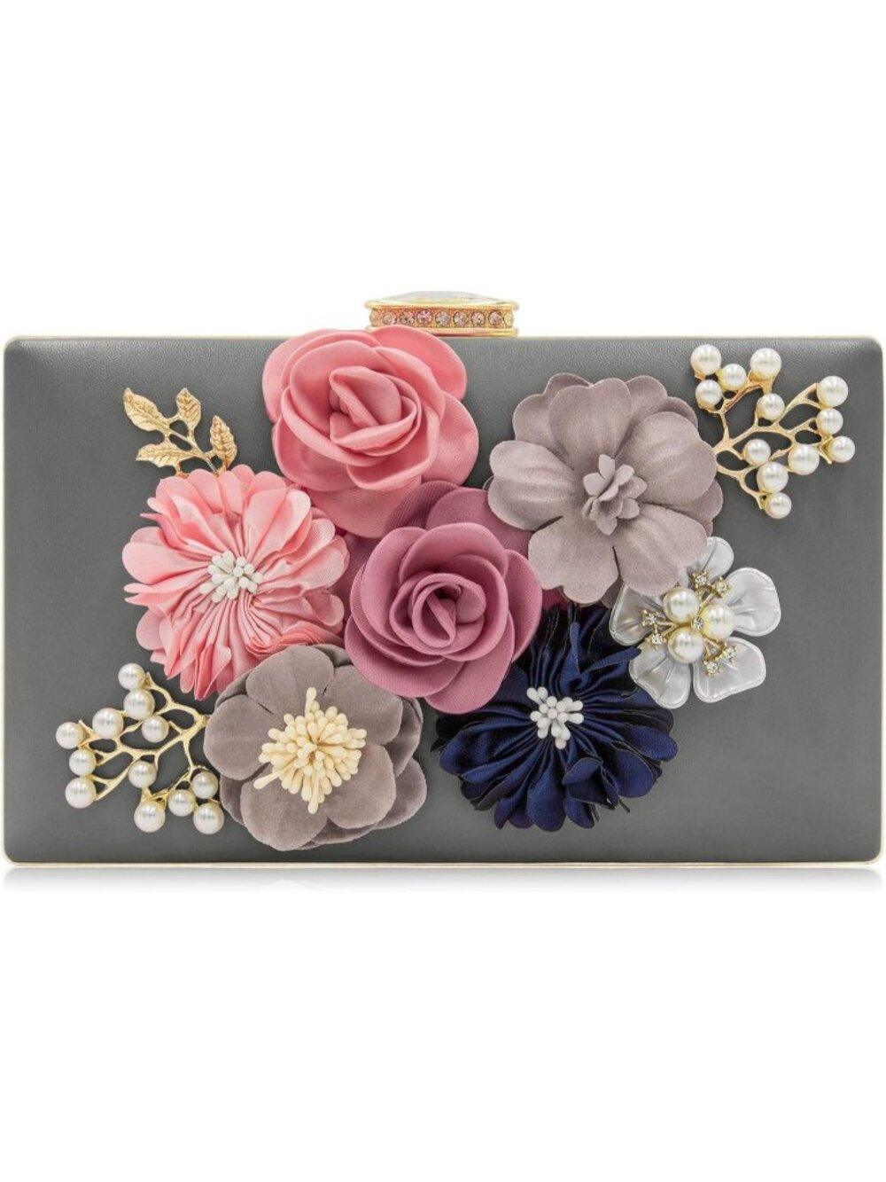 Women's Gray Floral Clutch Purse Wedding Rhinestone Prom Party Evening Bag